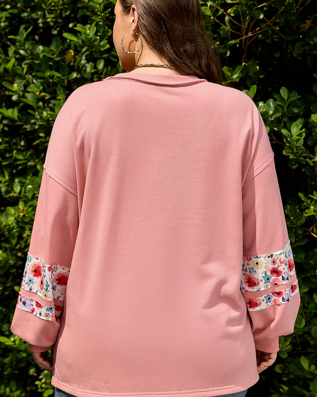 Peach Blossom Plus Size Floral Applique Drop Shoulder Sweatshirt