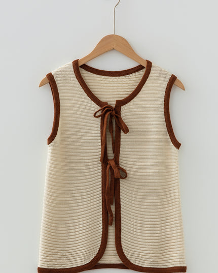 White Horizontal Ribbed Knit Contrast Trim Ties Front Sweater Vest