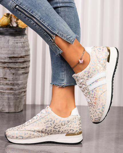 White Leopard Print Lace-Up Low-Top Sneakers with Rubber Sole