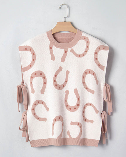 Beige Horse Shoe Western Print Tied Side Cap Sleeve Knitted T Shirt