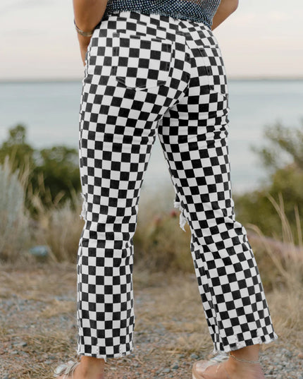 Black Checkerboard Print Distressed Holes Raw Edge Cropped Jeans