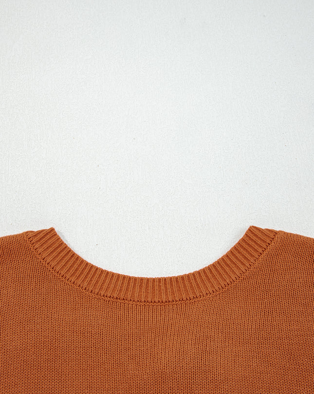 Gold Flame Solid Color Ribbed Trim Drop Shoulder Sweater