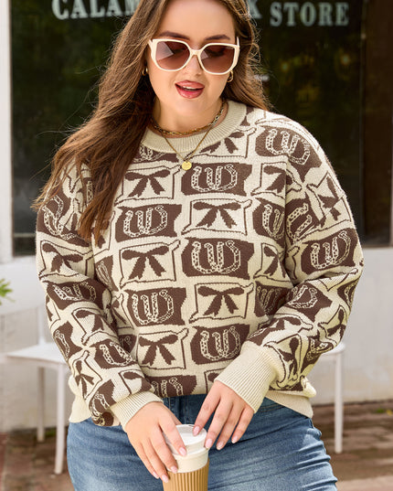 Brown Bow Horseshoe Print Checkered Plus Size Sweater