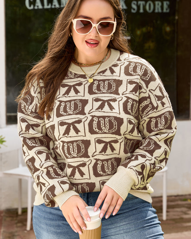 Brown Bow Horseshoe Print Checkered Plus Size Sweater