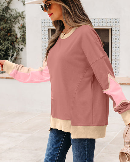 Rose Pink Contrast Star Patchwork Exposed Seam Uneven Hem Drop Shoulder Sweatshirt
