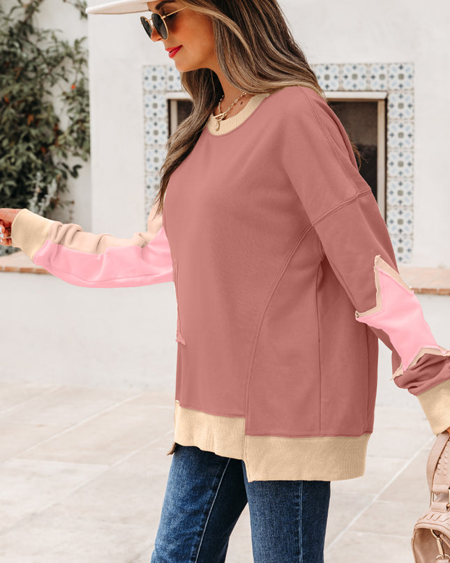 Rose Pink Contrast Star Patchwork Exposed Seam Uneven Hem Drop Shoulder Sweatshirt