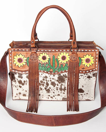 LC-ADBGZ200E Cowhide & Hand-Painted Sunflower Tooled Leather Tote - Western Shoulder Bag with Strap