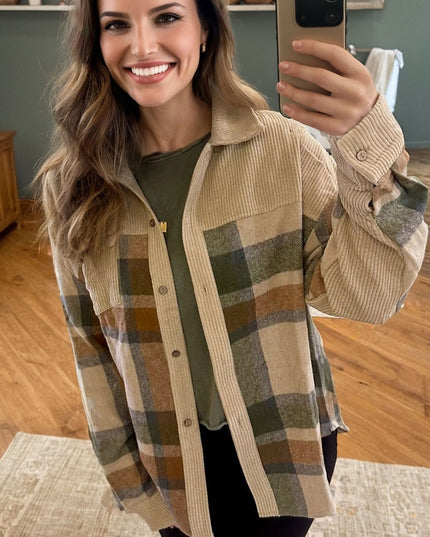Parchment Retro Plaid Corduroy Patchwork Shacket