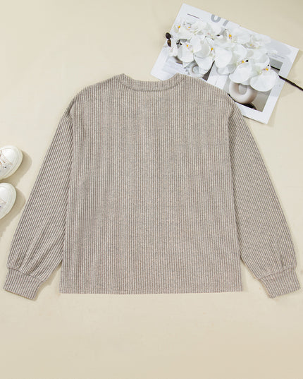 Simply Taupe Plus Size Ribbed Knit Kangaroo Pocket Henley Long Sleeve Top