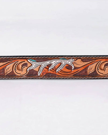 ADBLF289 Tooled Leather Western Belt - White Antler & Scroll Floral Design
