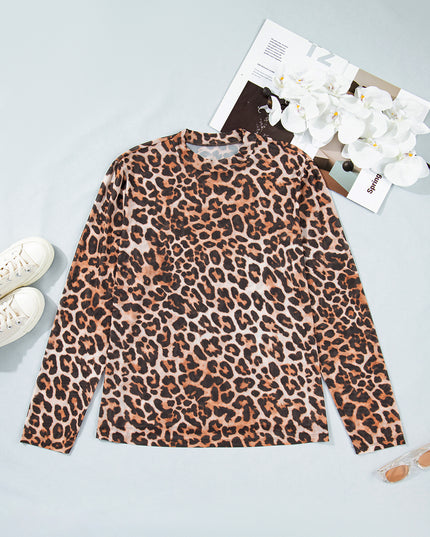 Brown Plus Size Mock Neck Leopard Mesh Top