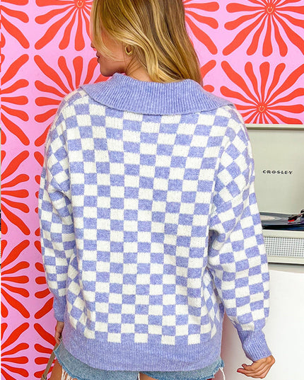 Purple Checkered Collared Buttons Plus Size Sweater