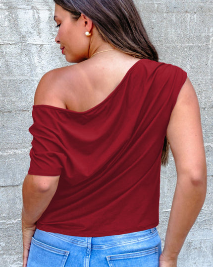 Black Plus Size Solid Color Asymmetric Neck Short Sleeve Blouse