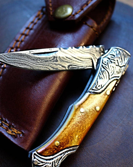 Damascus Steel handmade Pocket Knife with burnt bone handles