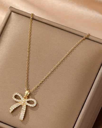 Gold Plated Rhinestone Bowknot Pendant Necklace