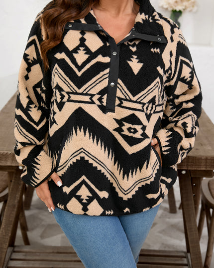 Black Plus Size Western Aztec Pattern Half Button Collared Plush Sweatshirt