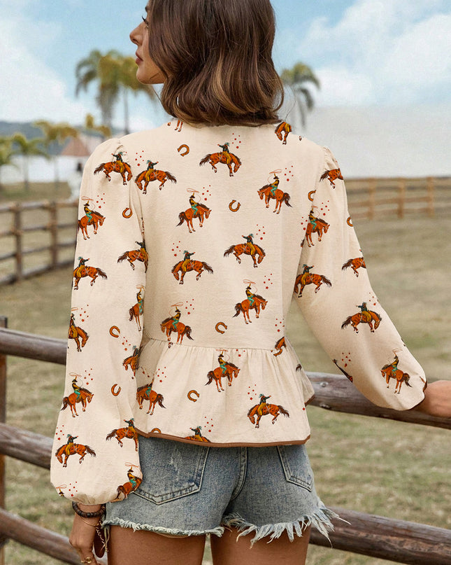 Apricot Western Rodeo Print Tied Front Puff Sleeve Peplum Top