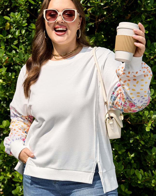 White Plus Size Exposed Seam Detail Contrast Dot Floral Patchwork Sleeve Sweatshirt