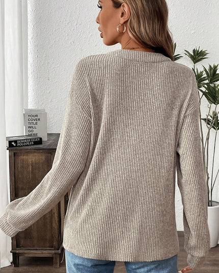 Simply Taupe Plus Size Ribbed Knit Kangaroo Pocket Henley Long Sleeve Top