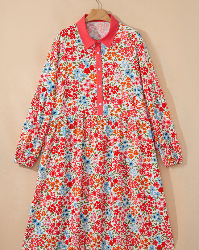 Pink Plus Size Button V Neck Leopard Print Puff Sleeve Loose Mini Dress