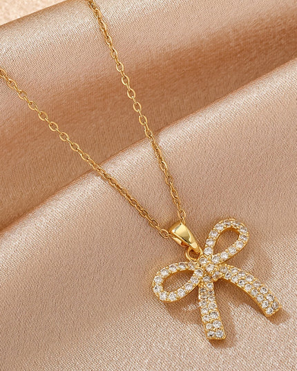 Gold Plated Rhinestone Bowknot Pendant Necklace