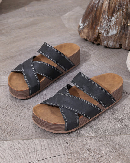 Color black Contrast Stitch Crossed Band Retro Platform Slippers