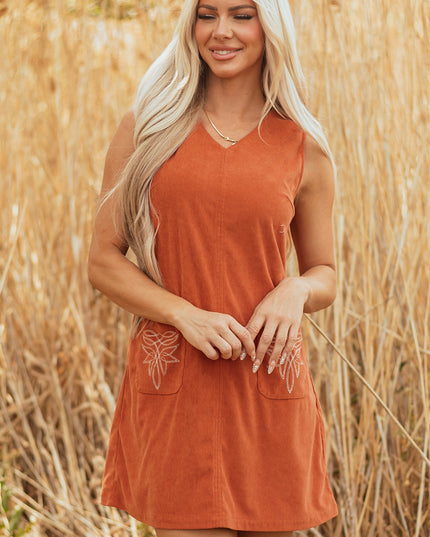 Gold Flame Corduroy Western Embroidered Patched Pocket Shift Sleeveless Mini Dress