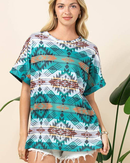 AT1291-MARTHA AZTEC PRINT FOLDED SLEEVE THERMAL TOP