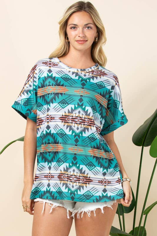 AT1291-MARTHA AZTEC PRINT FOLDED SLEEVE THERMAL TOP