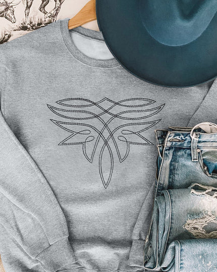 Gray Western Pattern Embroidered Drop Shoulder Pullover Top