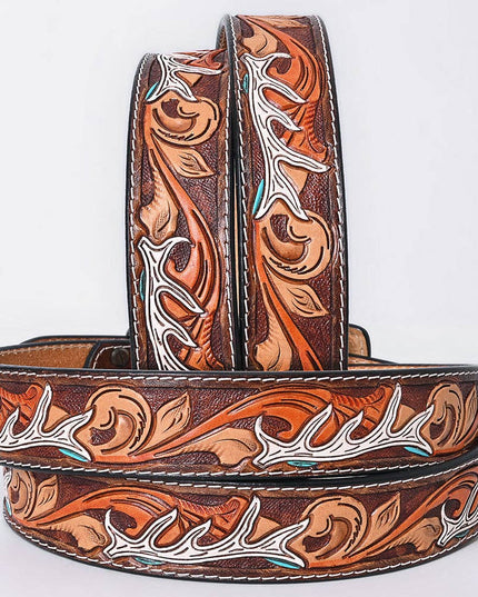 ADBLF289 Tooled Leather Western Belt - White Antler & Scroll Floral Design