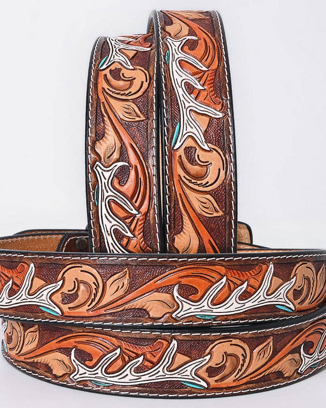 ADBLF289 Tooled Leather Western Belt - White Antler & Scroll Floral Design