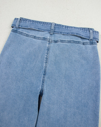 Beau Blue Western Washed Bow Knot Sash Wide Leg Jeans