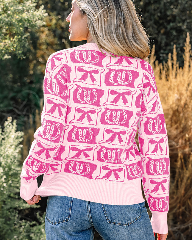 Pink Bows & Horseshoes Pattern Western Fashion Print Sweater