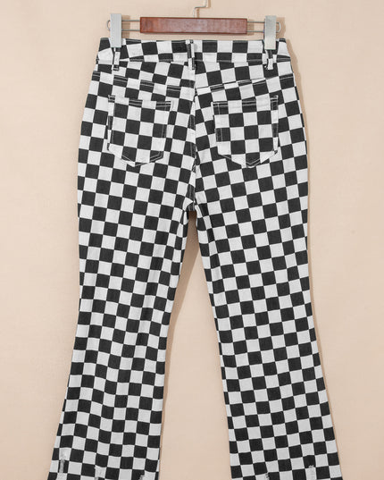Black Checkerboard Print Distressed Holes Raw Edge Cropped Jeans