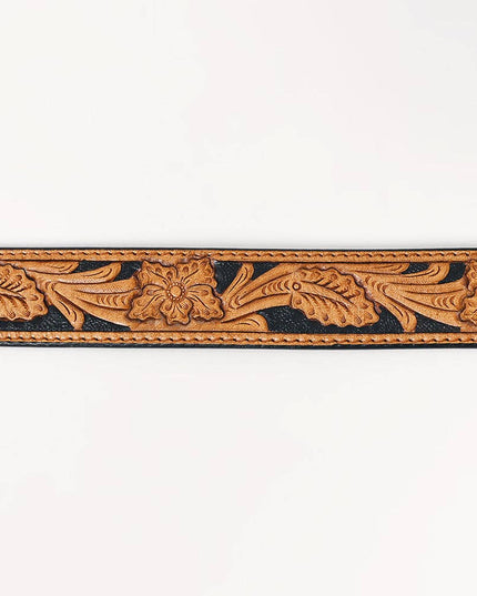 ADBLF225 Black & Tan Hand Tooled Leather Western Belt with Silver Buckle