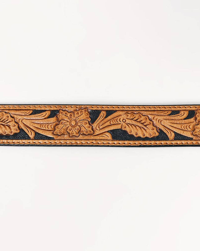 ADBLF225 Black & Tan Hand Tooled Leather Western Belt with Silver Buckle