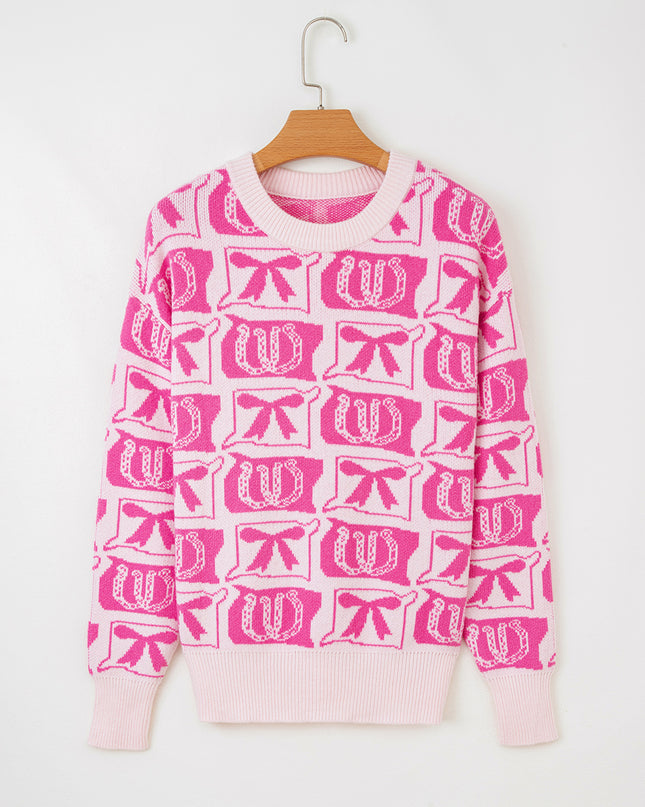 Pink Bows & Horseshoes Pattern Western Fashion Print Sweater