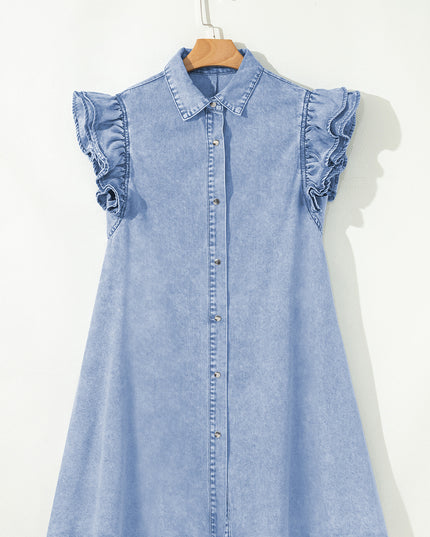 Beau Blue Double Ruffled Sleeves Buttoned A-line Collared Mini Denim Dress