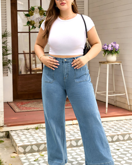 Dusk Blue Patched Pocket Textured Wide Leg Plus Size Jeans
