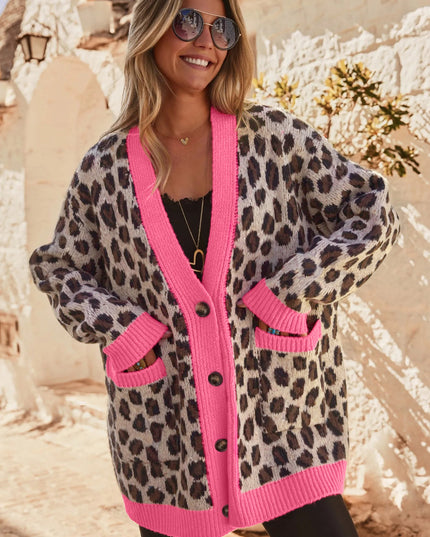 Khaki Oversize Color Block Trim Button Down Leopard Print Cardigan