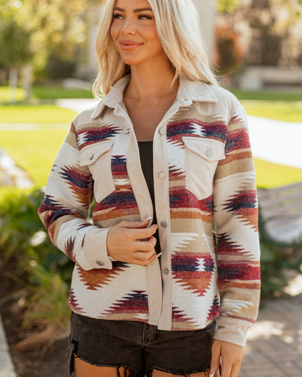 Multicolour Western Aztec Ribbed Patchwork Double Flap Pocket Raw Hem Shacket