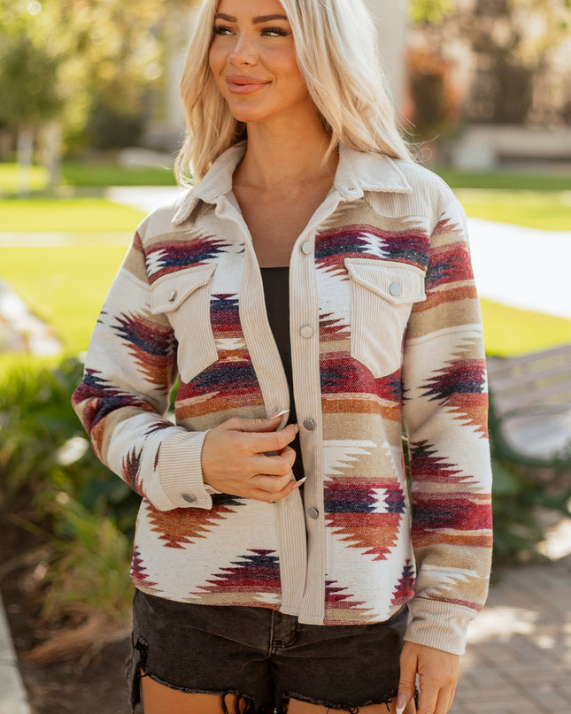 Multicolour Western Aztec Ribbed Patchwork Double Flap Pocket Raw Hem Shacket