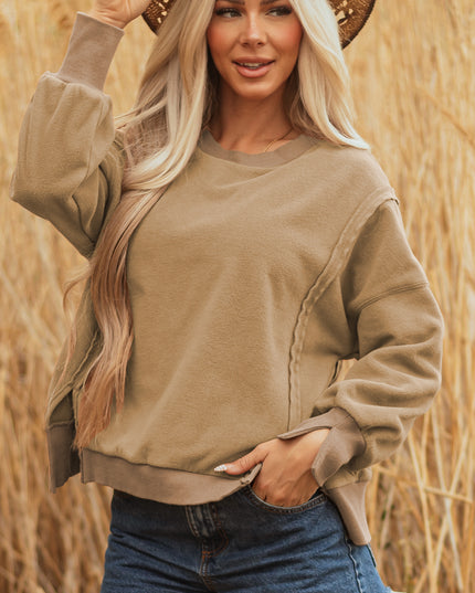 Dark Khaki Fuzzy Sherpa Splicing Pullover Sweatshirt with Side Slit