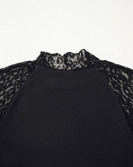 Black Leopard Mesh Patchwork Knit Long Sleeve Top