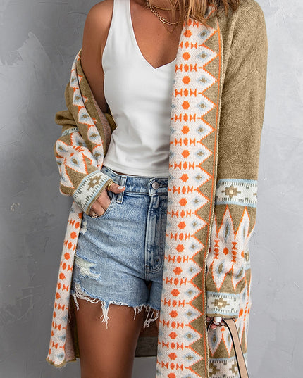 Khaki Aztec Print Open Front Knitted Cardigan