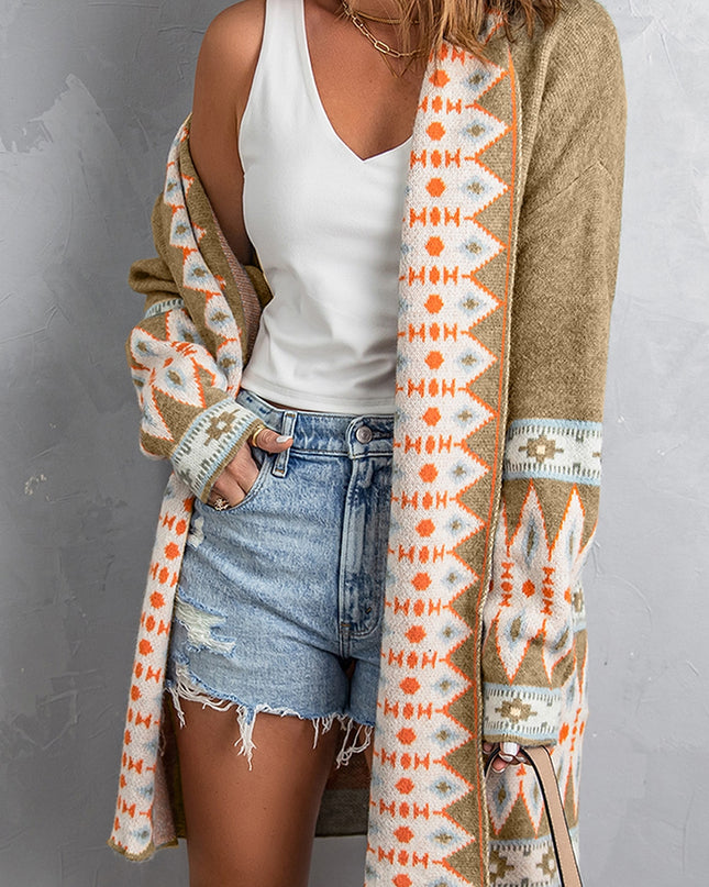 Khaki Aztec Print Open Front Knitted Cardigan