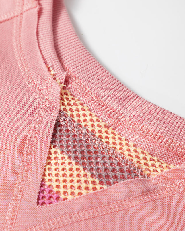 Blossom Striped Mesh Sleeve Patchwork Exposed Seam Casual Pullover Top