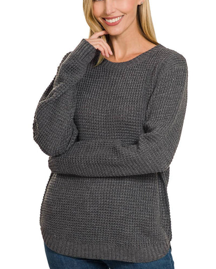 Hi Low Long Sleeve Round Neck Waffle Sweater Zenana