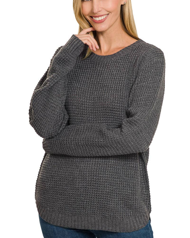 Hi Low Long Sleeve Round Neck Waffle Sweater Zenana